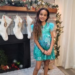 Eirene NWT swarovski crystal feather embroidered blue green floral dress